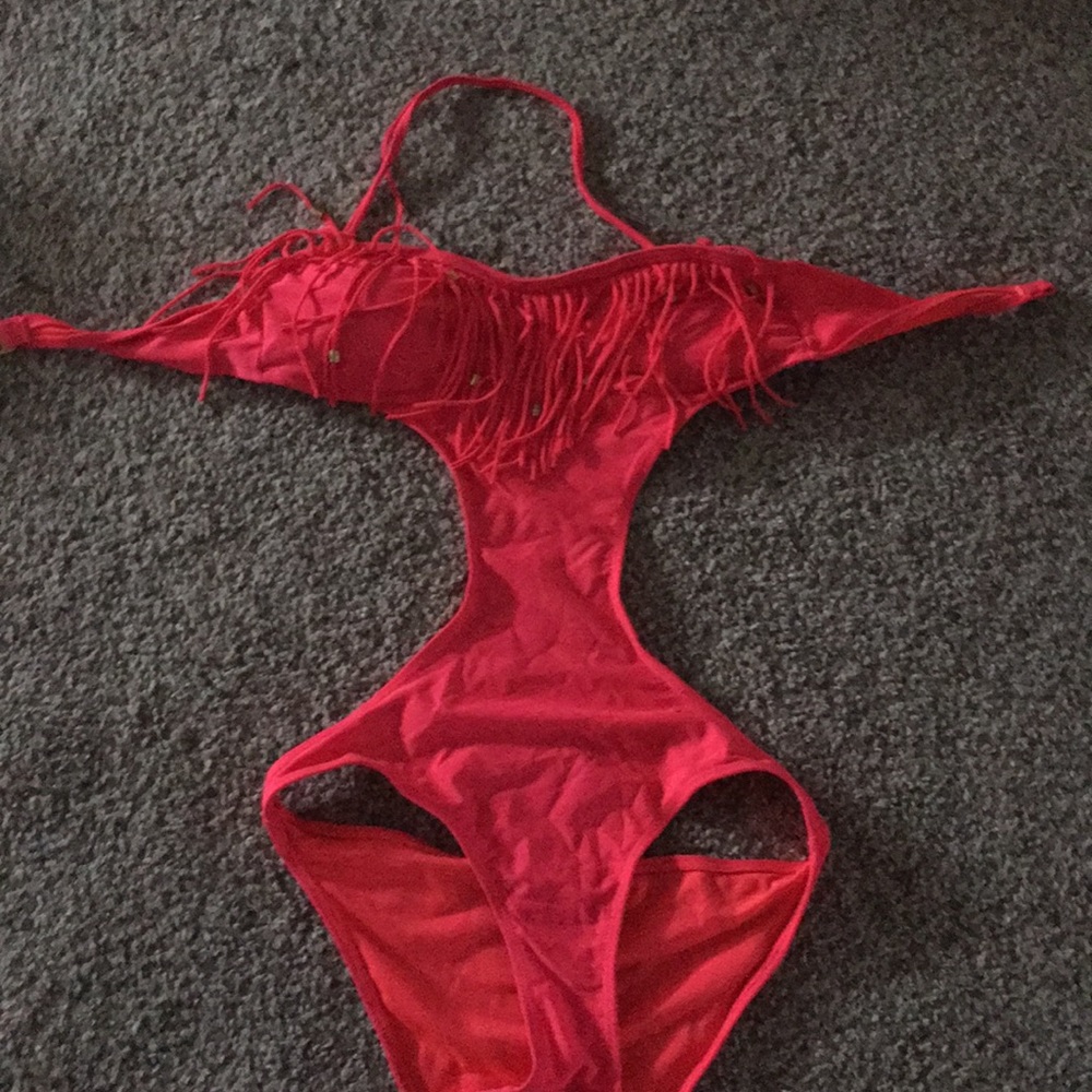 Dark coral pink fringe monokini